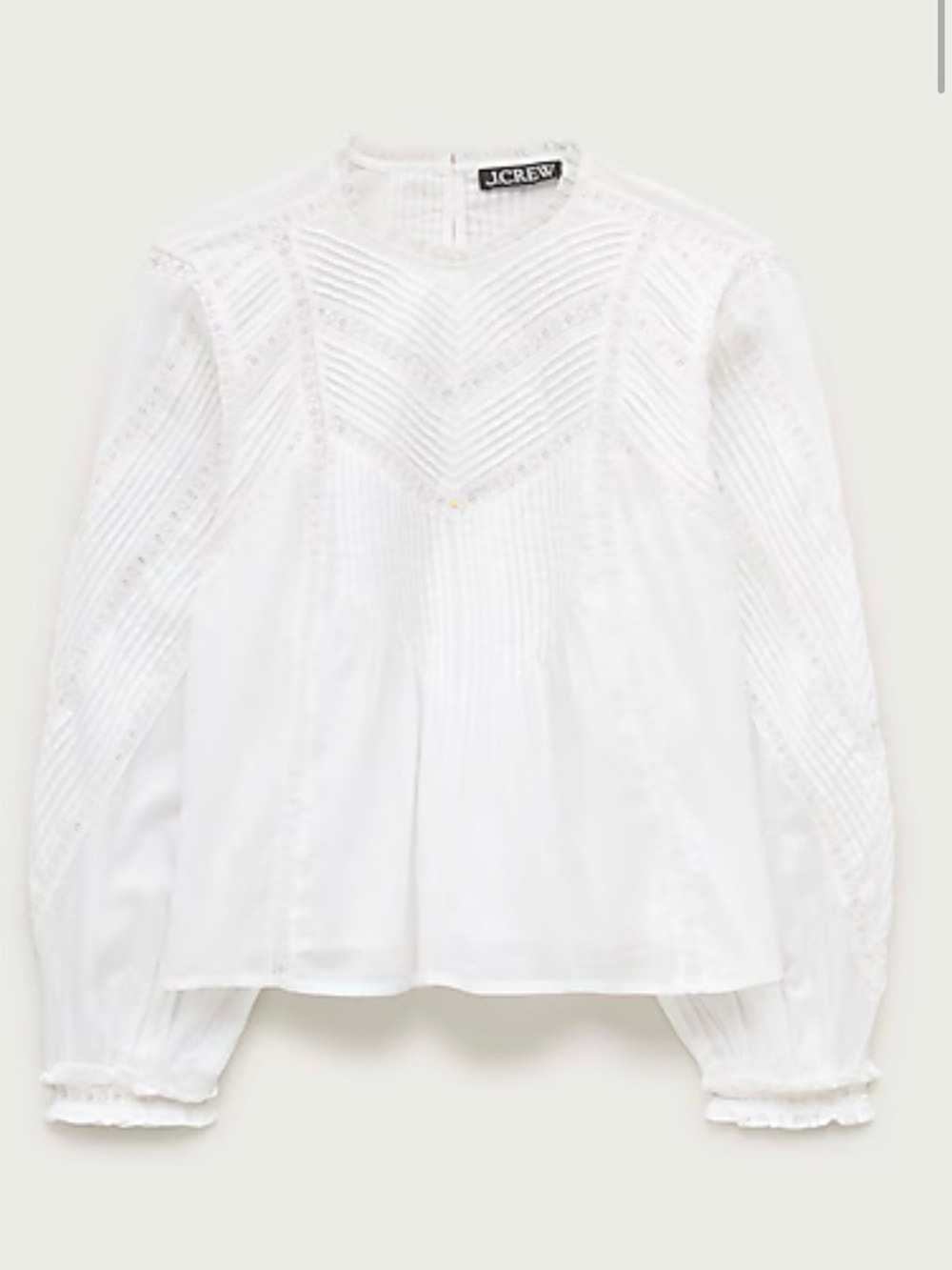 J. Crew White Pintuck Lace-Detail Long Sleeve Blouse
